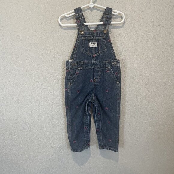Oshkosh B'Gosh Girls 24 Months Vestbak Denim Bib Overalls Hearts Embroidered - Picture 2 of 9